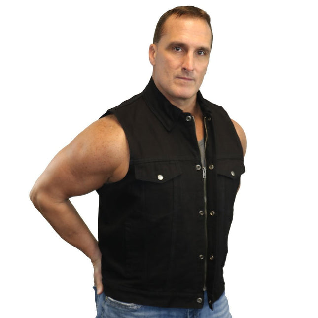 DM Men's Snap/Zipper Front Black  Denim Motorcycle Vest