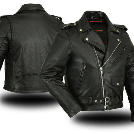Men's Classic Plain Side Police Style Motorcycle Jacket - Black