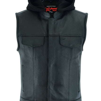 Men's Black Leather Motorcycle Vest with Removable Hood