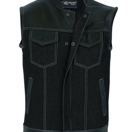 DM Men's Leather-Denim Combo Motorcycle Vest w/ Scoop Collar