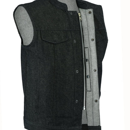 DM Men's Rough Rub-Off Raw Finish Motorcycle Denim Vest - Black