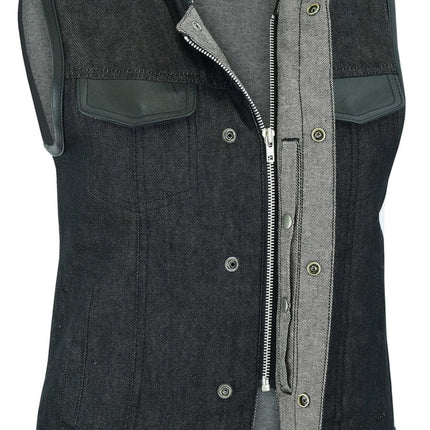 Women's Rough Rub-Off Raw Finish Denim Vest W/Leather Trim
