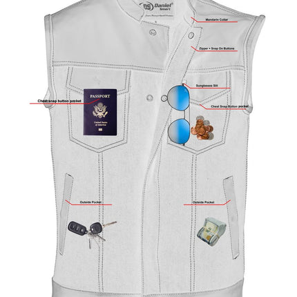 DM Men's Leather-Denim Combo Motorcycle Vest w/ Scoop Collar