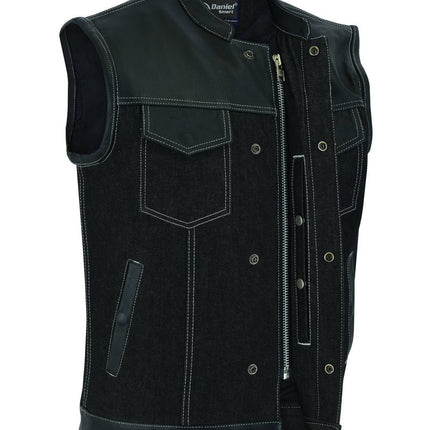 DM Men's Leather-Denim Combo Motorcycle Vest w/ Scoop Collar