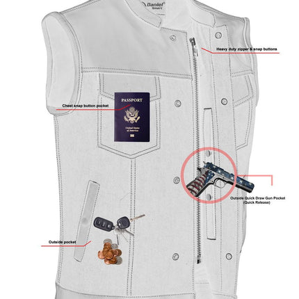 DM Men's Leather-Denim Combo Motorcycle Vest w/ Scoop Collar