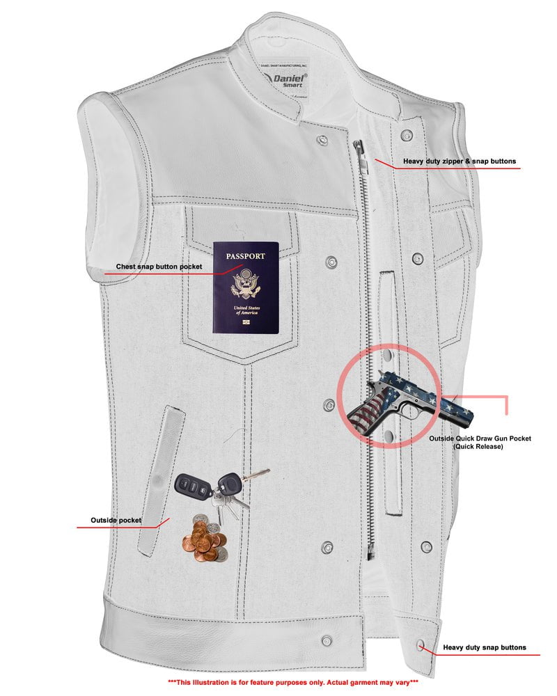 DM Men's Leather-Denim Combo Motorcycle Vest w/ Scoop Collar