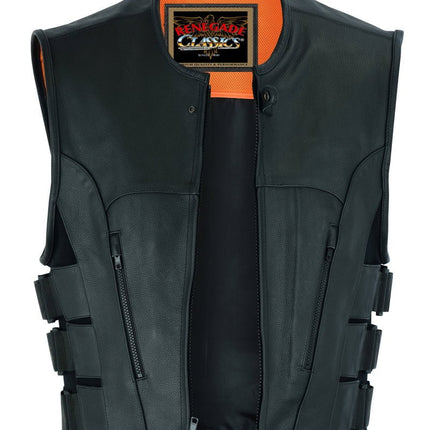 Men's Black Leather SWAT Style Motorcycle Vest
