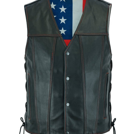Men's Honor Ride Black Leather Motorcycle with Vest Red Stitching