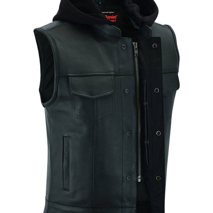 Men's Black Leather Motorcycle Vest with Removable Hood