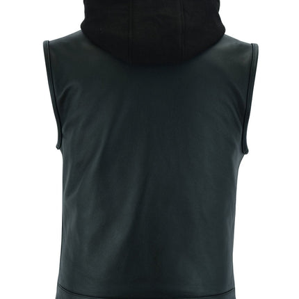 Men's Black Leather Motorcycle Vest with Removable Hood