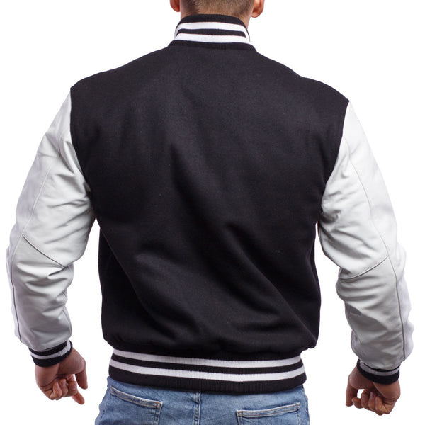 Classic Black & White Leather Sleeves Varsity Jacket