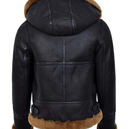 Women's Black Leather Shearling Aviator Jacket With Hood