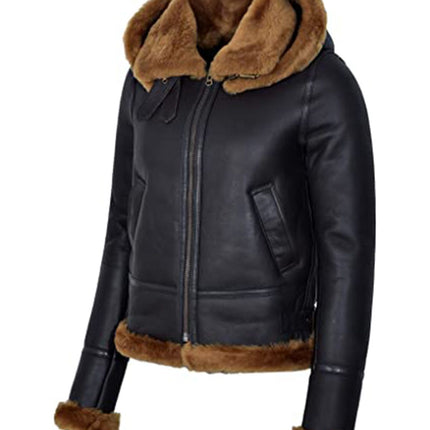 Women's Black Leather Shearling Aviator Jacket With Hood