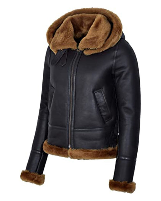 Women's Black Leather Shearling Aviator Jacket With Hood