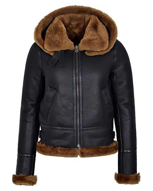 Women's Black Leather Shearling Aviator Jacket With Hood