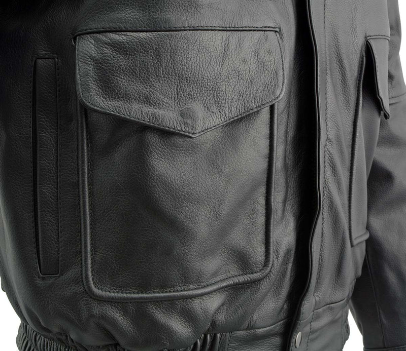 Men's Spread Collar Black Leather Bomber Jacket