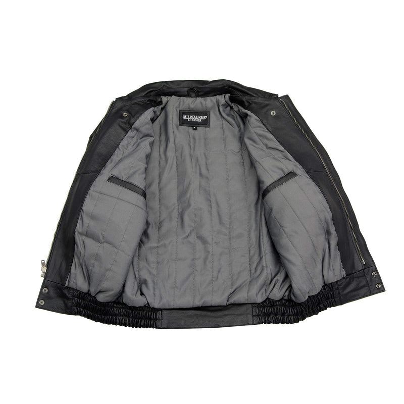 Men's Spread Collar Black Leather Bomber Jacket