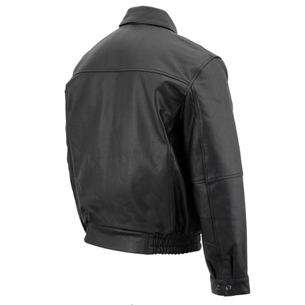 Men's Spread Collar Black Leather Bomber Jacket