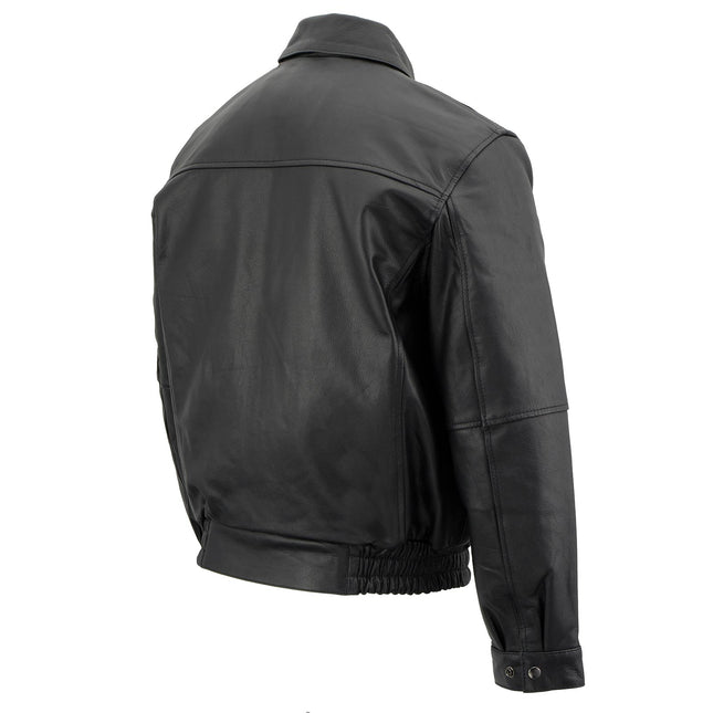 Men's Spread Collar Black Leather Bomber Jacket