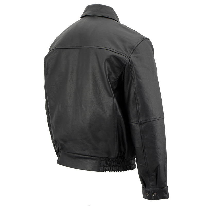 Men's Spread Collar Black Leather Bomber Jacket