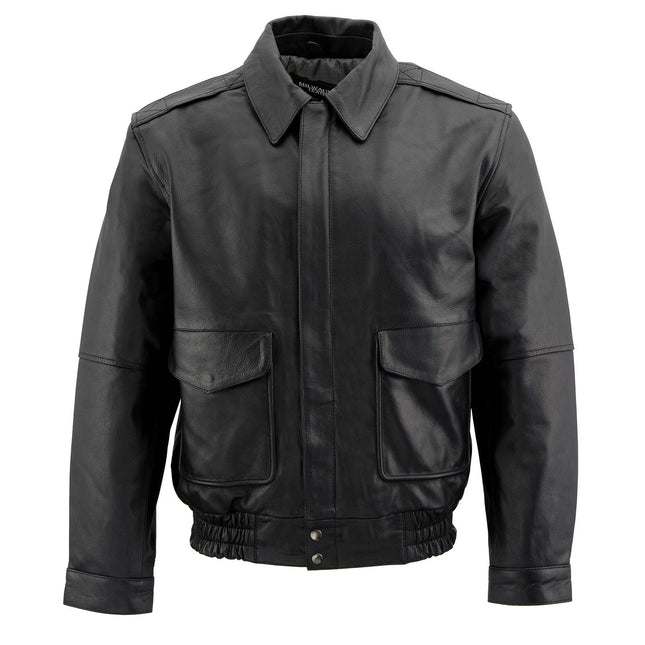 Men's Spread Collar Black Leather Bomber Jacket