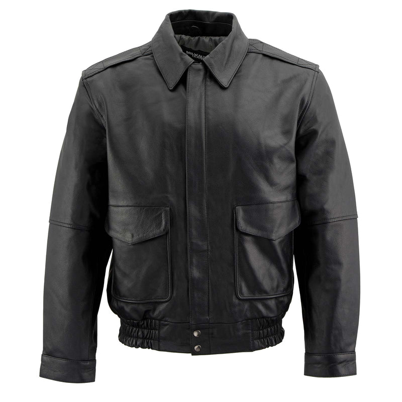 Men's Spread Collar Black Leather Bomber Jacket