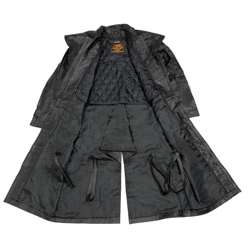Black Leather Trench Coat Mens Cowhide Duster With Removable Liner