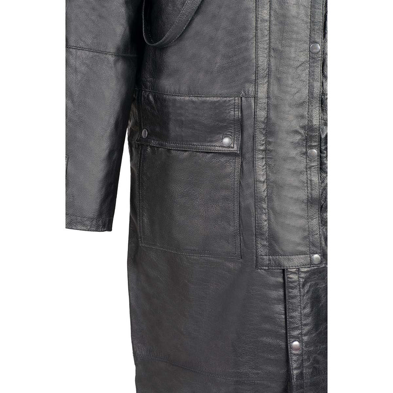 Black Leather Trench Coat Mens Cowhide Duster With Removable Liner