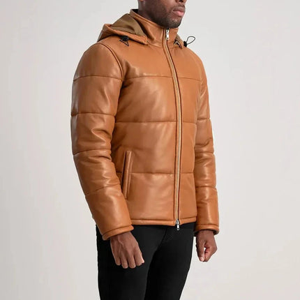 Cognac Hooded Leather Puffer Jacket