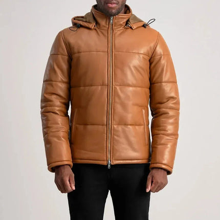 Cognac Hooded Leather Puffer Jacket