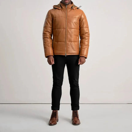 Cognac Hooded Leather Puffer Jacket