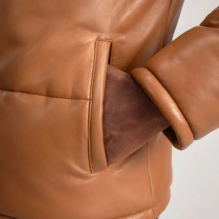Cognac Hooded Leather Puffer Jacket