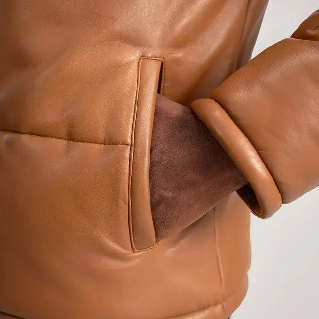 Cognac Hooded Leather Puffer Jacket
