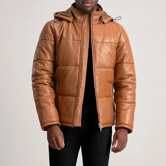 Cognac Hooded Leather Puffer Jacket