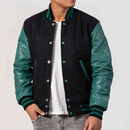 Black Wool & Teal Leather Sleeves Letterman Jacket