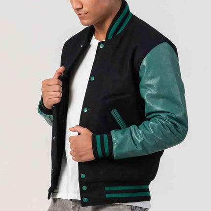 Black Wool & Teal Leather Sleeves Letterman Jacket