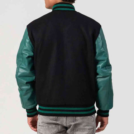 Black Wool & Teal Leather Sleeves Letterman Jacket