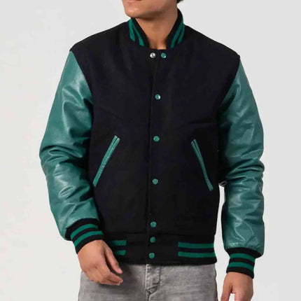 Black Wool & Teal Leather Sleeves Letterman Jacket