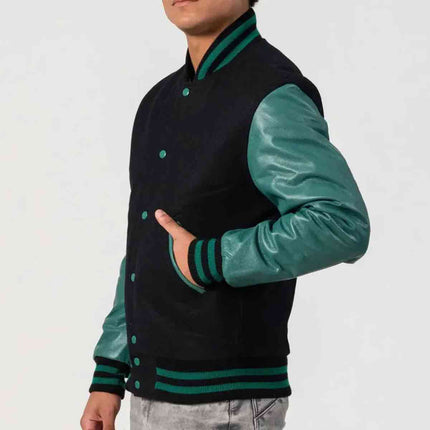 Black Wool & Teal Leather Sleeves Letterman Jacket