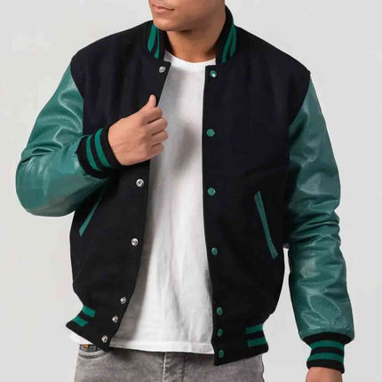 Black Wool & Teal Leather Sleeves Letterman Jacket