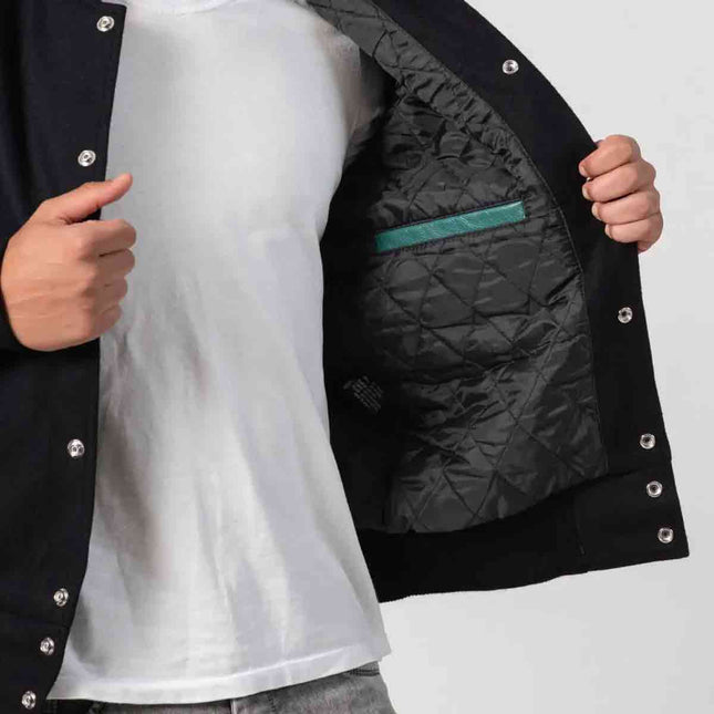 Black Wool & Teal Leather Sleeves Letterman Jacket