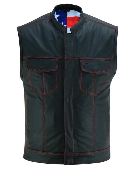 Men's Leather Biker SOA Vest W/ USA Flag Lining