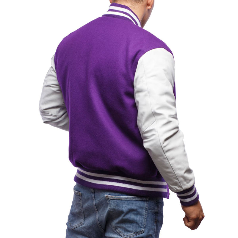 Purple & White Leather Sleeves Varsity Jacket