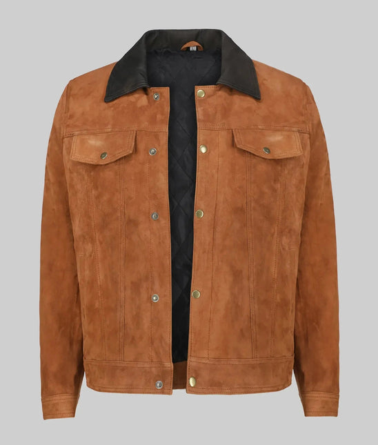 Men's Cognac Suede Leather Trucker Jacket