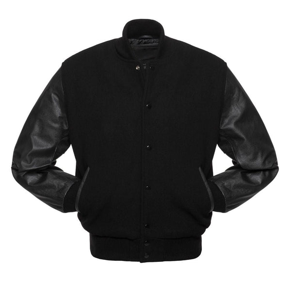 All Black Wool & Leather Sleeves Varsity Letterman Jacket