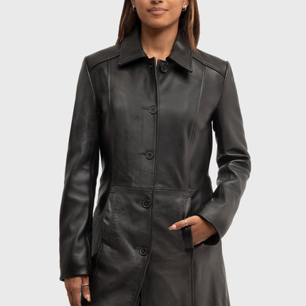 FM Women's 3/4 Length Lambskin Leather Fashion Trench Coat