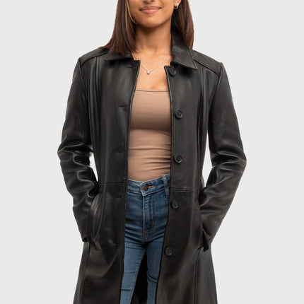 FM Women's 3/4 Length Lambskin Leather Fashion Trench Coat