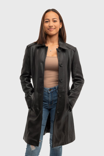 FM Women's 3/4 Length Lambskin Leather Fashion Trench Coat