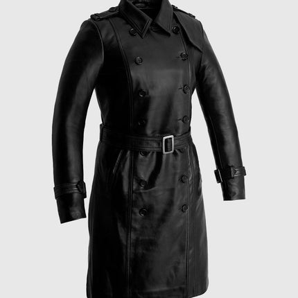 FM Women's Double Breasted Black Leather Trench Coat