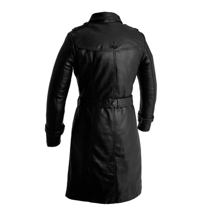 FM Women's Double Breasted Black Leather Trench Coat